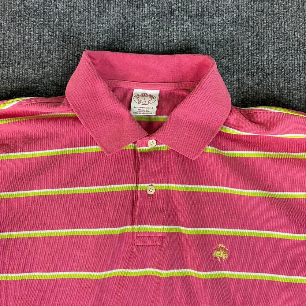 Brooks Brothers Performance Polo Shirt Men’s Large Pink Green Stripe 100% Cotton